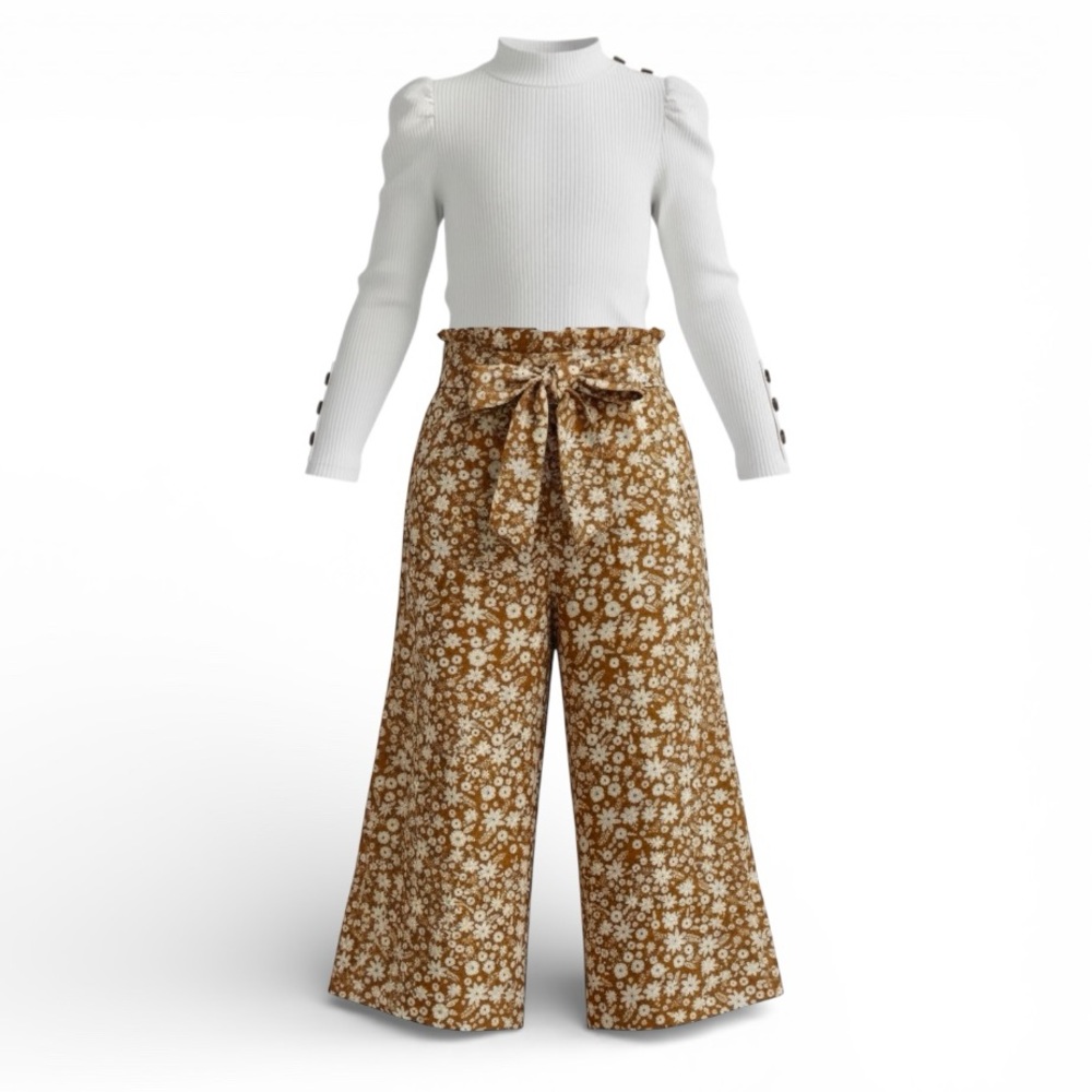 Saeaby Floral Wide Leg Pants & White Puff Sleeve Top Set Girls Size 5–6